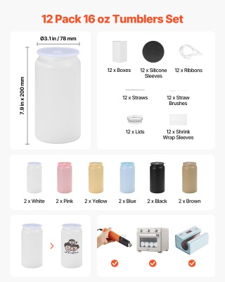 VEVOR Σετ 12 Ποτηριών Διαφόρων Χρωμάτων για Εξατομίκευση (473 mL) K...