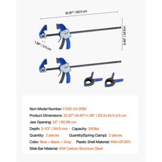 VEVOR Σετ 2 Σφιγκτήρες Ξυλουργικής 60.96 εκ. Μονοχείριες 154 κιλά F...
