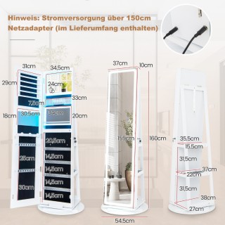 Costway Λευκή Ντουλάπα Κοσμημάτων με Καθρέφτη και Ρυθμιζόμενα LED Φ...