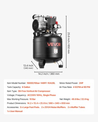 VEVOR 30L Αεροσυμπιεστής, 1.5KW, 113L/min στα 6.2 Bar, Μέγιστη Πίεσ...