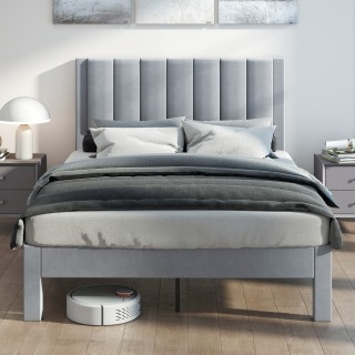 Costway  Γκρι Πολυτελές Βελούδινο Διπλό Κρεβάτι για Στρώμα 200 x 14...