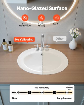 VEVOR Οβάλ Λευκό Κεραμικό Νιπτήρα 485 x 425 mm με Υπερχείλιση και 3...