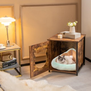 Costway Ξύλινη Ντουλάπα Γάτας με Πόρτα & Είσοδο για Τουαλέτα Γάτας ...