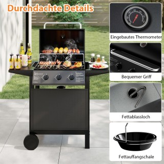 Costway  Τροχήλατη Ψησταριά Αερίου με  3 Ζώνες Θέρμανσης με Καπάκι ...