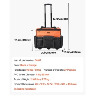 VEVOR Τσάντα Εργαλείων με Ρόδες και 27 Θήκες Βαρέως Τύπου GLGJD20YC...