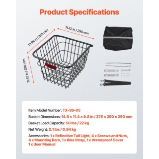 VEVOR Μεταλλικό Καλάθι Ποδηλάτου με Ανακλαστικό Φως Πίσω CKHXJSSZWN... VEVOR Μεταλλικό Καλάθι Ποδηλάτου με Ανακλαστικό Φως Πίσω CKHXJSSZWN...