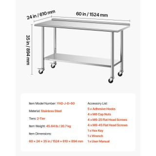 VEVOR Τραπέζι Εργασίας Inox 61x152 εκ. με Ρόδες, Πλάτη και Ρυθμιζόμ...