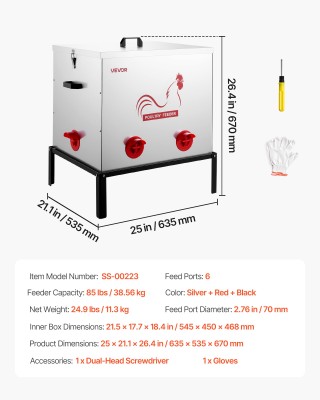 VEVOR Αυτόματη Ταΐστρα Κοτόπουλων, Χωρητικότητα 38,56 κιλά, 6 Θύρες...