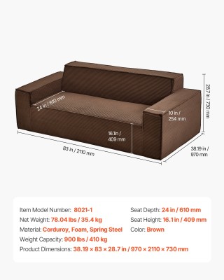 VEVOR Μοντέρνος Καναπές 2110 mm, Άνετος Καναπές από Κοτλέ με Πλατιά...