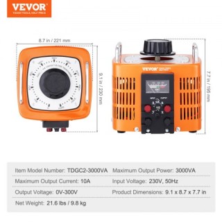 VEVOR  Μετασχηματιστής Ρυθμιστής Τάσης 3000VA 10A 0-300V AC KBBYQZZ...