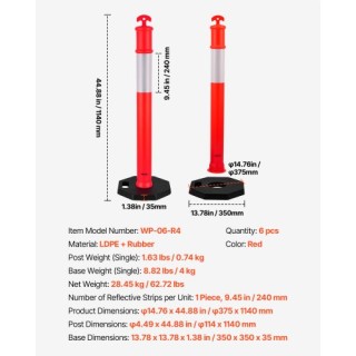 VEVOR 6 Πλαστικοί Οριοθέτες Κυκλοφορίας 1140mm με Βαρυδάκι GZDZJTJS...