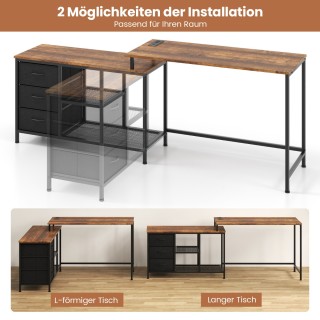 Costway Γραφείο Υπολογιστή σε Σχήμα L με Πρίζα & 3 Υφασμάτινα Συρτά...