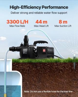 VEVOR Αντλία Τζετ Ρηχού Πηγαδιού 800W 230V, 3300 L/h, Ύψος Αναρρόφη...