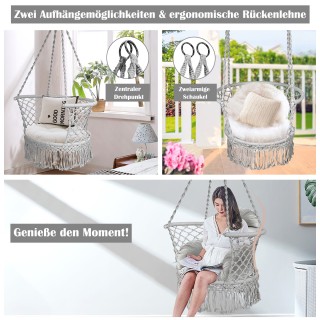 Costway Γκρι Μάκραμε Κρεμαστή Καρέκλα από Βαμβακερό Σχοινί HW65703HS