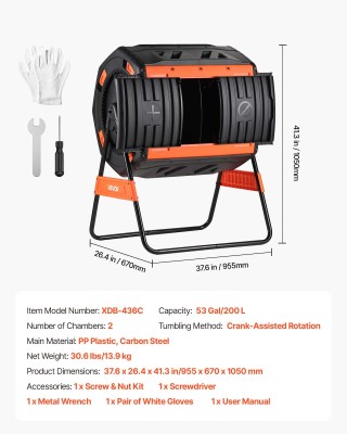 VEVOR Δίχωρος Περιστρεφόμενος Κομποστοποιητής 200L με Σύστημα Αερισ...