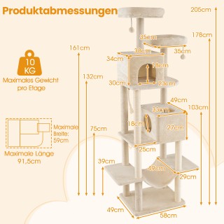 Costway Μεγάλος Γατόδεντρο 205cm με Πολλαπλά Επίπεδα, 2 Σπηλιές, 2 ...