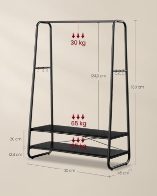 Ράγα Ρούχων VASAGLE με Ράφια και Γάντζους, Μαύρο Ξύλο/Ατσάλι  Ράγα Ρούχων VASAGLE με Ράφια και Γάντζους, Μαύρο Ξύλο/Ατσάλι 