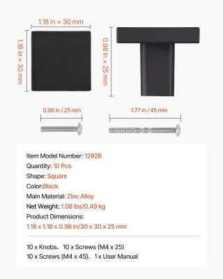 VEVOR Σετ 10 Τετράγωνων Μαύρων Πόμολων 30mm από Κράμα Ψευδαργύρου 1...