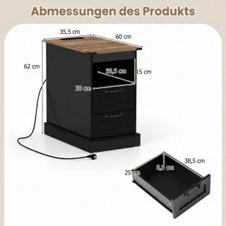 Costway Μαύρο Κομοδίνο με Σταθμό Φόρτισης, Λεπτός Πλαϊνός Τραπεζάκι...