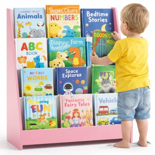BAKAJI Ροζ Βιβλιοθήκη Μοντεσσοριανού Στυλ από Ξύλο για Παιδιά, Διάσ...