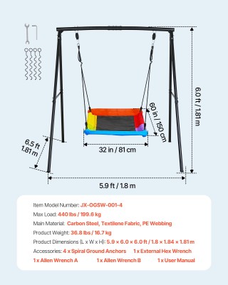 VEVOR Παιδική Κούνια Κήπου με Μεταλλικό Πλαίσιο A-Frame, Κάθισμα 15...
