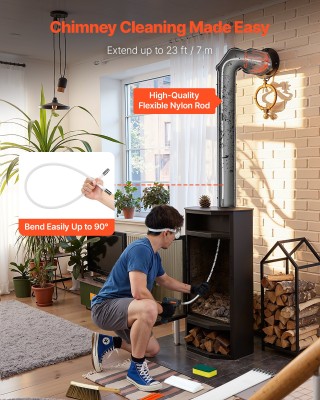 VEVOR Σετ Καθαρισμού Καμινάδας 7μ με Βούρτσα, Εφεδρικές Τρίχες & Γυ...