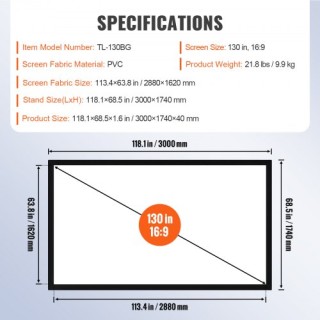 VEVOR  Οθόνη Προβολής 130 16:9 4K HDTV Σταθερού Πλαισίου για Εξωτερ...