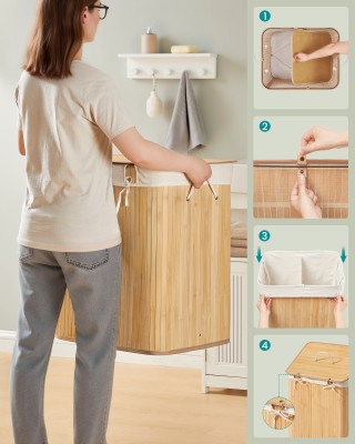 Songmics Καλάθι Απλύτων Μπαμπού με Καπάκι, 2 Θήκες, 120 Λίτρα, Πτυσ...