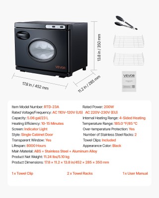 VEVOR Θερμαντήρας Πετσετών 23L με Διαφανές Παράθυρο, Κλιπ και Ανοξε...