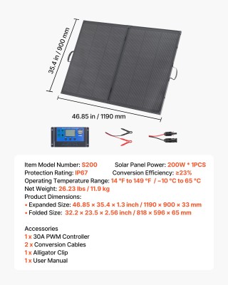 VEVOR Πτυσσόμενο Ηλιακό Πάνελ 200W με Σκελετό, Υψηλής Απόδοσης Μονο...