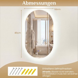 Costway Οβάλ Φωτιζόμενος Καθρέφτης Μπάνιου 80 x 50cm με Αντιθαμβωτι...