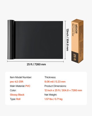 VEVOR Ρολό Γυαλιστερό Μαύρο Βινύλιο Θερμομεταφοράς 304.8 x 7260mm K...