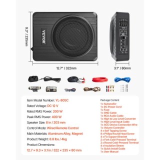 VEVOR 8 400W Υποκάθισμα Αυτοκινήτου Subwoofer Slim Ενισχυμένο Σύστη...