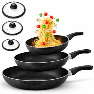 BAKAJI Σετ 6 Τεμαχίων Τηγάνια Αλουμινίου Μαύρα με Καπάκι για Όλες τ...