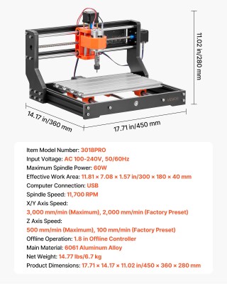 VEVOR Μηχανή CNC Router 3018, 60W, 3 Άξονες, Εγγραφής και Κοπής Ξύλ...