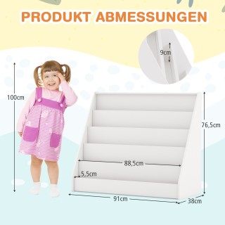 Costway Λευκή Παιδική Ραφιέρα με 5 Θέσεις, Βιβλιοθήκη & Σταντ Εφημε...