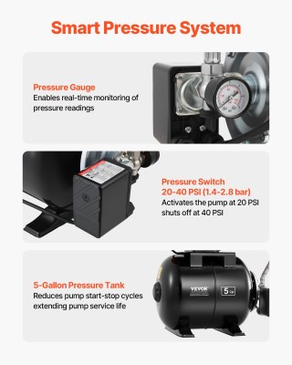VEVOR Αντλία Ρηχού Φρέατος 735W με Δοχείο Πίεσης 19L, 3785 LPH, Αυτ...