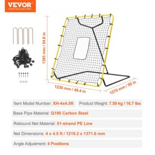 VEVOR Δίχτυ Επιστροφής Μπέιζμπολ & Σόφτμπολ 4x4.5 Ft Ρυθμιζόμενης Γ...