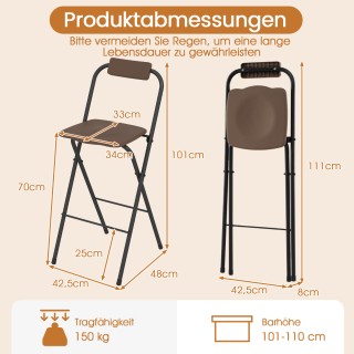 Costway Σετ 2 Πτυσσόμενα Σκαμπό Μπαρ με Πλάτη και Υποπόδιο, Καφέ, Α...