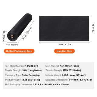 VEVOR Υφασμάτινο Γεωύφασμα 6x100FT 8OZ για Δρόμους και Αποστραγγίσε...