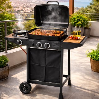 BAKAJI Μπάρμπεκιου αερίου με 2 καυστήρες, πλευρικό μάτι, ρόδες και ...