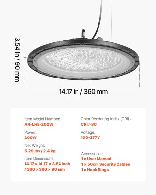 VEVOR 10 Πακέτα LED Φώτα High Bay, 200W 30000LM, IP65, 5000K, Μαύρο...
