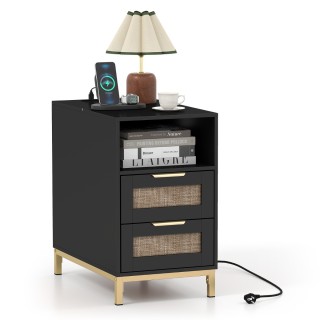 Costway Μαύρο Τραπεζάκι με Σταθμό Φόρτισης & 2 Συρτάρια από Ρατάν &...