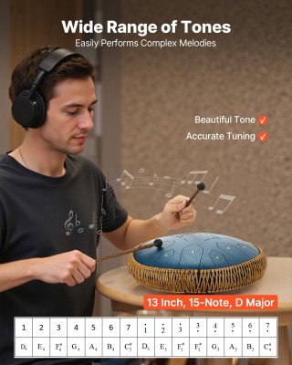 VEVOR Χαλύβδινο Τύμπανο Γλώσσας 33εκ. 15 Νότες D Μείζονα για Γιόγκα...