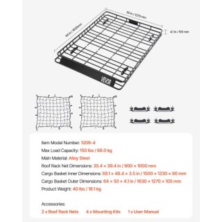 VEVOR Σχάρα Οροφής 64 x 50 x 4.1 με Κατάλληλο Δίχτυ Φόρτωσης HKSXLK... VEVOR Σχάρα Οροφής 64 x 50 x 4.1 με Κατάλληλο Δίχτυ Φόρτωσης HKSXLK...