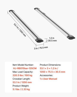 VEVOR Μπάρες Οροφής Αλουμινίου 1350 mm, Αντοχή 100 kg, χωρίς Βάσεις... VEVOR Μπάρες Οροφής Αλουμινίου 1350 mm, Αντοχή 100 kg, χωρίς Βάσεις...