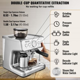Μηχανή Espresso VEVOR με Μύλο 15 Bar Ημιαυτόματη Καφετιέρα  BZDYSKF...