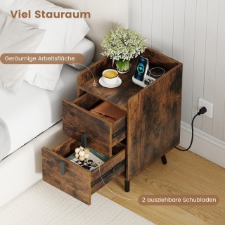 Costway Στενό Κομοδίνο με Σταθμό Φόρτισης, Δύο Συρτάρια και Μεταλλι...