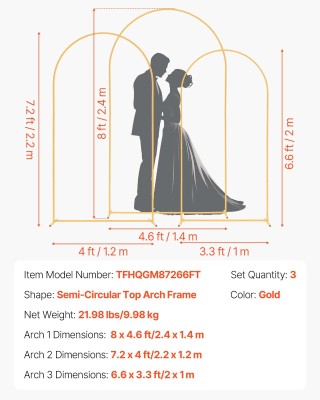 VEVOR Σετ 3 Χρυσών Μεταλλικών Βάσεων Αψίδας, 2.4/2.2/2μ, Εύκολη Συν...