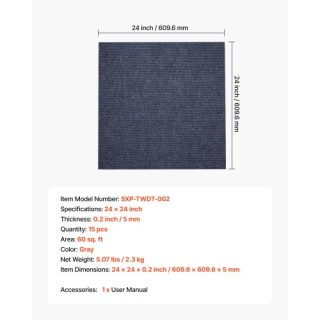 VEVOR Αυτοκόλλητα Πλακάκια Χαλιού 610x610 mm Γκρι (15 Τεμάχια) ZZFK...